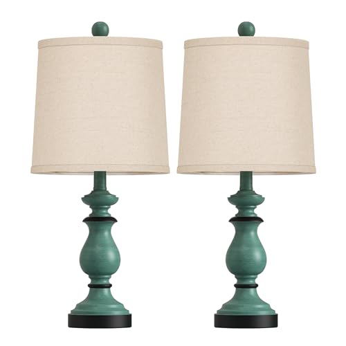 PARTPHONER Traditional Table Lamp Set of 2, Rustic Farmhouse Table Lamps for Living Room Bedroom, 22" Bedside Desk Lamps Vintage Nightstand Lamps with Linen Shades, Green - Image 2