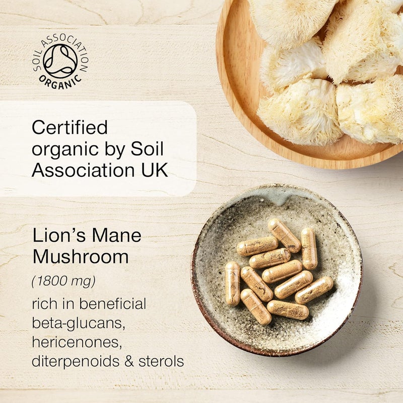 SUPERSELF Organic Lions Mane Supplement - 1800mg Lion's Mane Capsules High Strength - Certified Organic by The Soil Association - 30 Capsules - 100% Lion Mane Mushroom Fruiting Bodies Extract - Made in The UK - Image 4