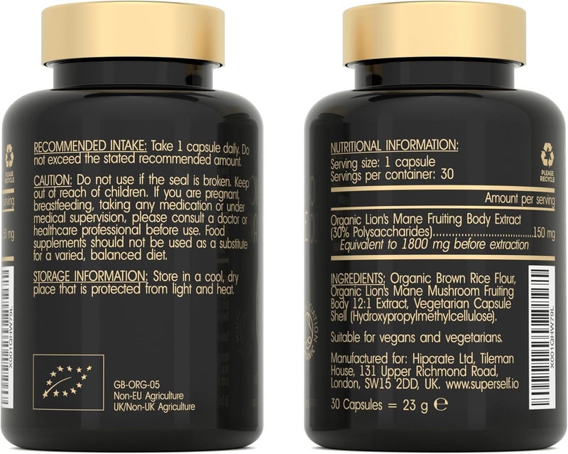 SUPERSELF Organic Lions Mane Supplement - 1800mg Lion's Mane Capsules High Strength - Certified Organic by The Soil Association - 30 Capsules - 100% Lion Mane Mushroom Fruiting Bodies Extract - Made in The UK - Image 3