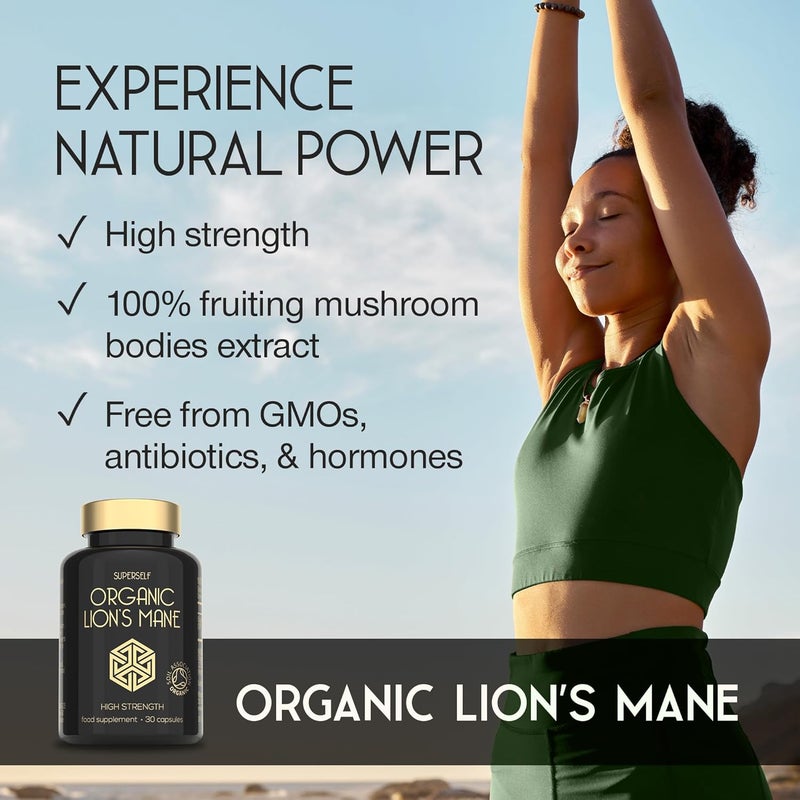 SUPERSELF Organic Lions Mane Supplement - 1800mg Lion's Mane Capsules High Strength - Certified Organic by The Soil Association - 30 Capsules - 100% Lion Mane Mushroom Fruiting Bodies Extract - Made in The UK - Image 2
