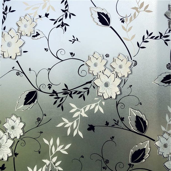 WINDOW FILM PRIVACY STAINED GLASS PATTERN WHITEBLACK FLOWER 445X200CM