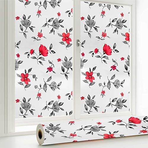 WALLTON Privacy Vinyl Frosted Window Film Glass Sticker Self-Adhesive Film Tint Wallpaper Opaque Sheet for Glass Privacy Cover Window, Door, Office, Home.| Anti-UV. (16x48 Inch, Red Black Flowers) - Image 1