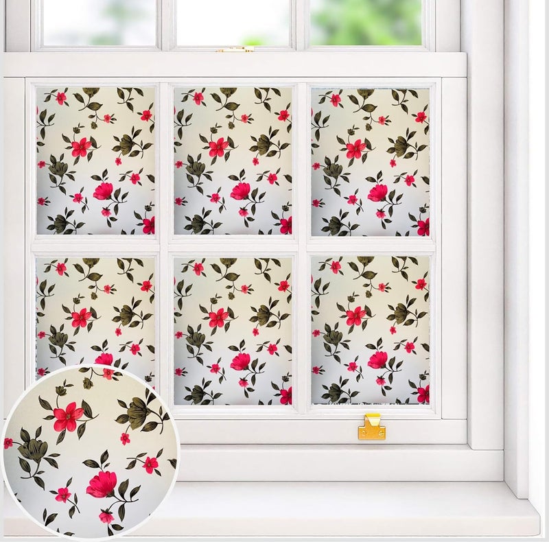 WALLTON Privacy Vinyl Frosted Window Film Glass Sticker Self-Adhesive Film Tint Wallpaper Opaque Sheet for Glass Privacy Cover Window, Door, Office, Home.| Anti-UV. (16x48 Inch, Red Black Flowers) - Image 2