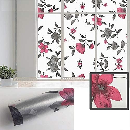 WALLTON Privacy Vinyl Frosted Window Film Glass Sticker Self-Adhesive Film Tint Wallpaper Opaque Sheet for Glass Privacy Cover Window, Door, Office, Home.| Anti-UV. (16x48 Inch, Red Black Flowers) - Image 3