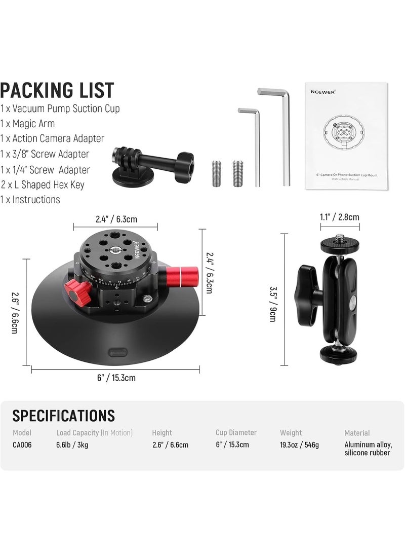 NEEWER 6"/15.2cm Camera Suction Cup Mount with Ball Head Magic Arm, Metal Suction Cup Mount on Car Windshield Dash for Camera/Action Camera/Phone Holder, with 1/4" & 3/8" Mounting Holes for ARRI - Image 3