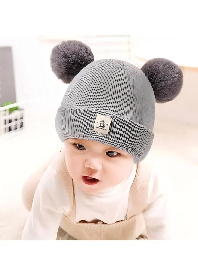 Happy D 2-piece children's winter hat set, suitable for baby boys and girls, soft and warm knitted hats with double pom-poms (0-12 months) - Image 4