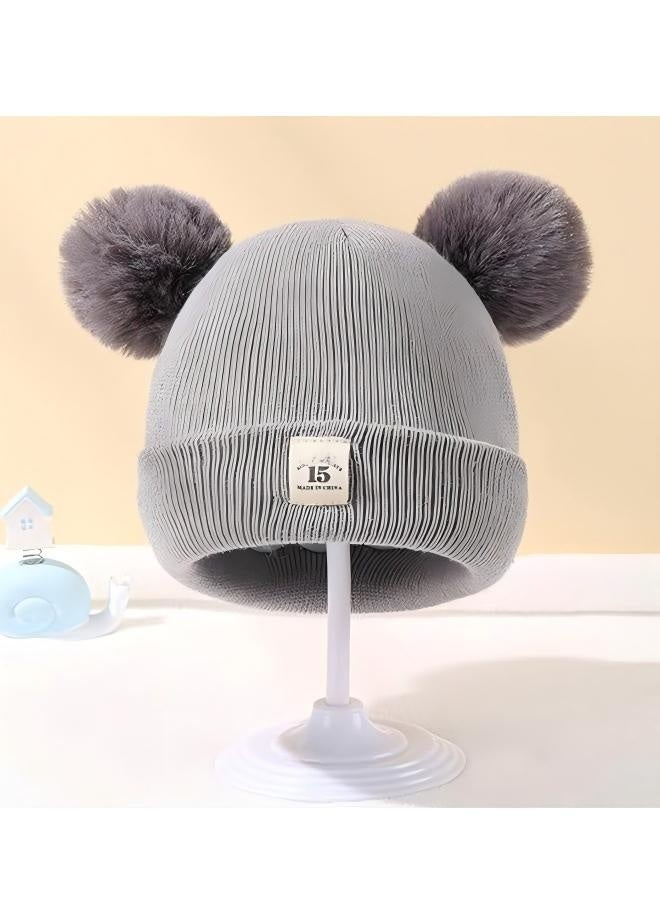 Happy D 2-piece children's winter hat set, suitable for baby boys and girls, soft and warm knitted hats with double pom-poms (0-12 months) - Image 5