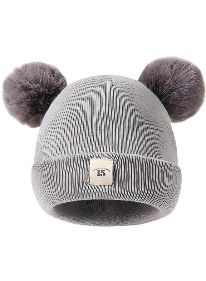 Happy D 2-piece children's winter hat set, suitable for baby boys and girls, soft and warm knitted hats with double pom-poms (0-12 months) - Image 3