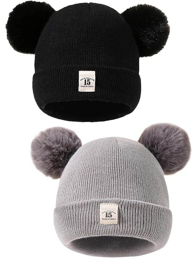 Happy D 2-piece children's winter hat set, suitable for baby boys and girls, soft and warm knitted hats with double pom-poms (0-12 months) - Image 1