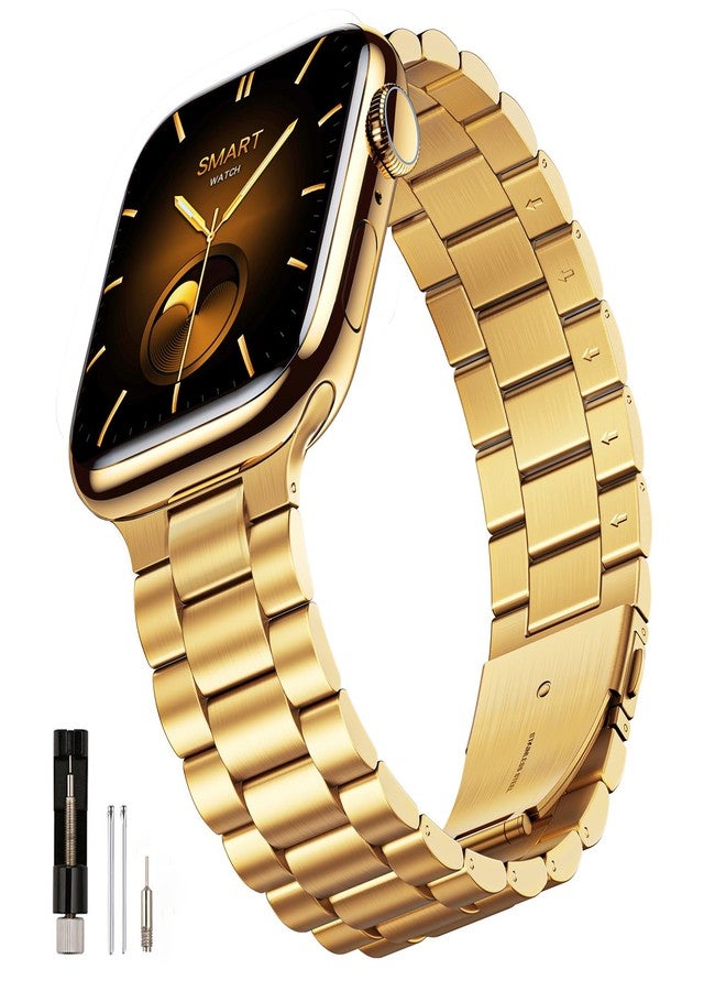 SUNFWR Compatible with Apple Watch Band 45mm 44mm 42mm for Men Women, Stainless Steel Metal iWatch Band with Case for Apple Watch Series 9/8/7/6/5/4/3/2/1/SE/SE2 (NewGolden, 42mm/44mm/45mm) - Image 1