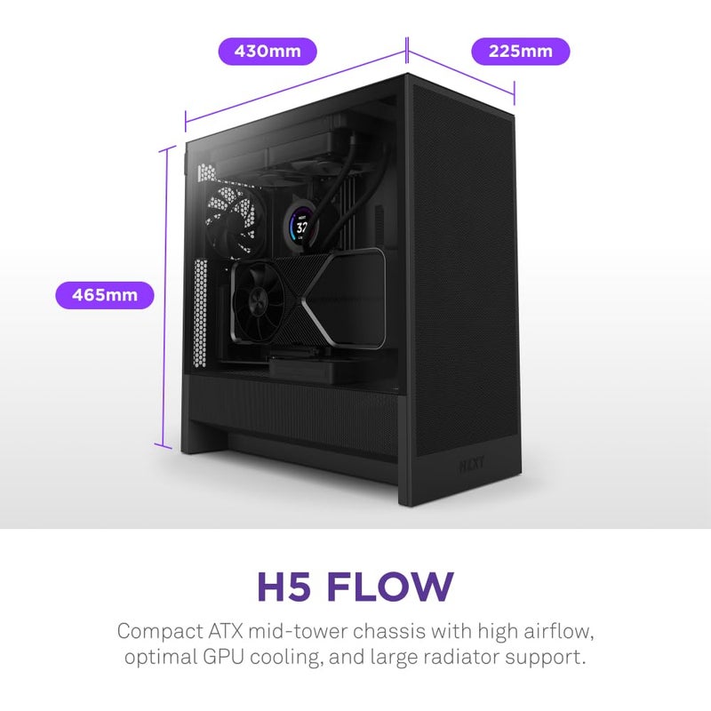 NZXT H5 Flow 2024 - Compact ATX Mid-Tower PC Gaming Case - High Airflow - 2 x 120mm Fans Included - 360mm Front & 240mm Top Radiator Support - Cable Management System - Tempered Glass - Black - Image 2