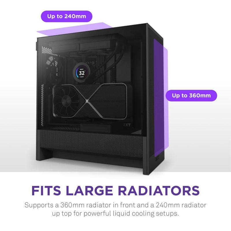 NZXT H5 Flow 2024 - Compact ATX Mid-Tower PC Gaming Case - High Airflow - 2 x 120mm Fans Included - 360mm Front & 240mm Top Radiator Support - Cable Management System - Tempered Glass - Black - Image 4