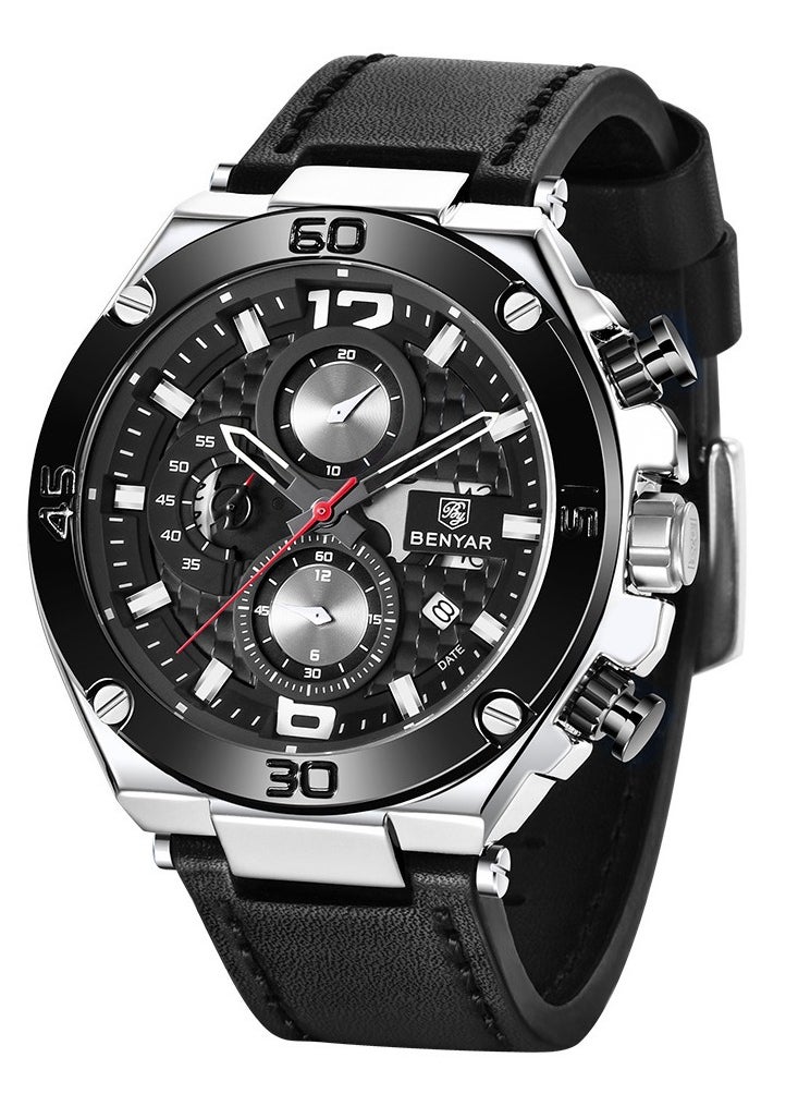 BENYAR - Watches for Men Luxury Quartz Water Resistant Watch Men's Chronograph Genuine Leather Strap 5151 - Image 1