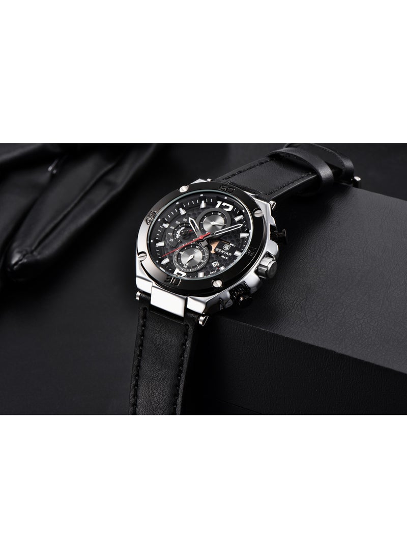 BENYAR - Watches for Men Luxury Quartz Water Resistant Watch Men's Chronograph Genuine Leather Strap 5151 - Image 1
