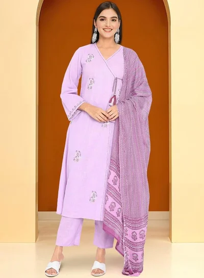 ISHIN Women's Lilac 100% Cotton Embroidered Tunic Full Length Palazzo Straight Fit Kurta Set