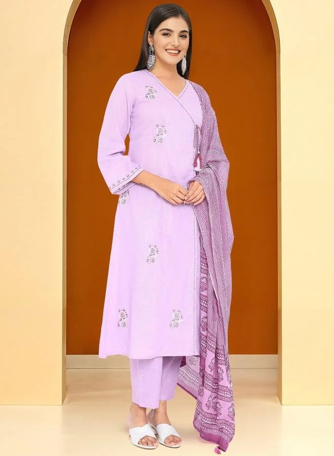 ISHIN Women's Lilac 100% Cotton Embroidered Tunic Full Length Palazzo Straight Fit Kurta Set