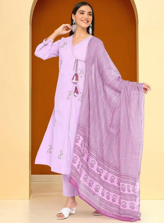 ISHIN Women's Lilac 100% Cotton Embroidered Tunic Full Length Palazzo Straight Fit Kurta Set