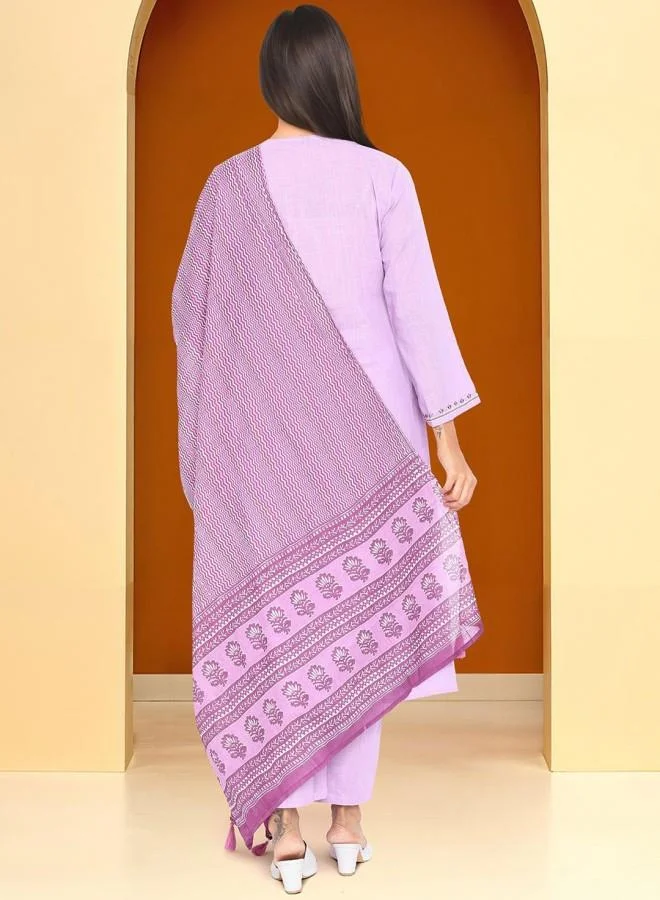 ISHIN Women's Lilac 100% Cotton Embroidered Tunic Full Length Palazzo Straight Fit Kurta Set