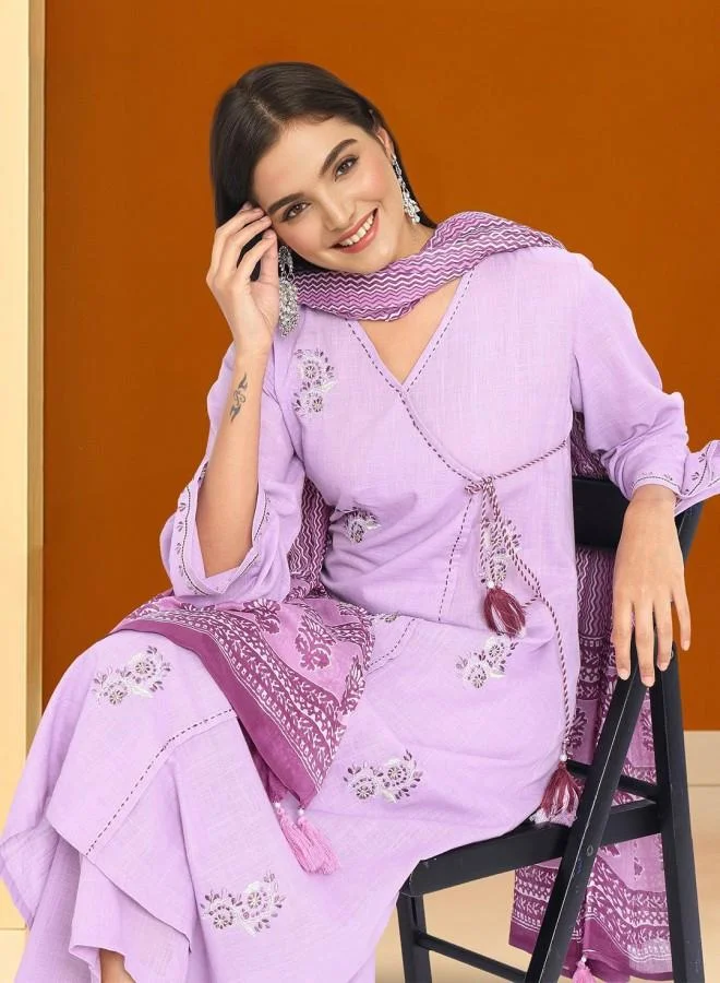ISHIN Women's Lilac 100% Cotton Embroidered Tunic Full Length Palazzo Straight Fit Kurta Set