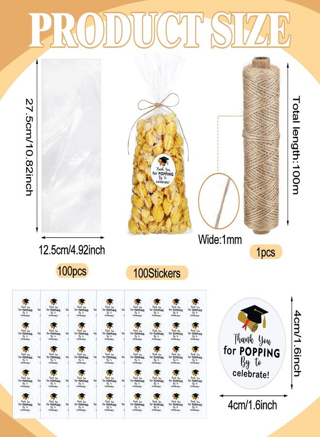Newtay 100 Set 2026 Graduation Popcorn Bags with Thank You for Popping Stickers 328 ft Twine Graduation Treat Candy Plastic Clear Goodies Wrapping Bags Bulk for Cookie Gift Party Favor - Image 2