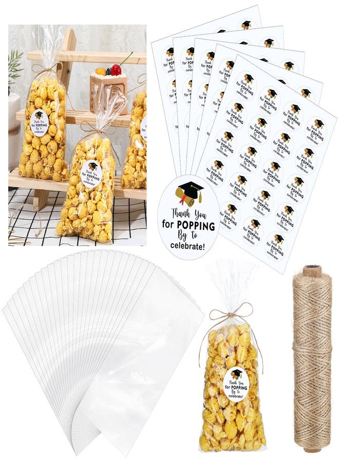 Newtay 100 Set 2026 Graduation Popcorn Bags with Thank You for Popping Stickers 328 ft Twine Graduation Treat Candy Plastic Clear Goodies Wrapping Bags Bulk for Cookie Gift Party Favor - Image 1