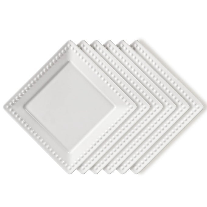 EMBOSSED CERAMIC APPETIZER DESSERT PLATES SET OF 6 6 INCH WHITE SQUARE DINNER PLATES FOR SNACK RESTAURANT DISHWASHER MICROWAVE SAFE
