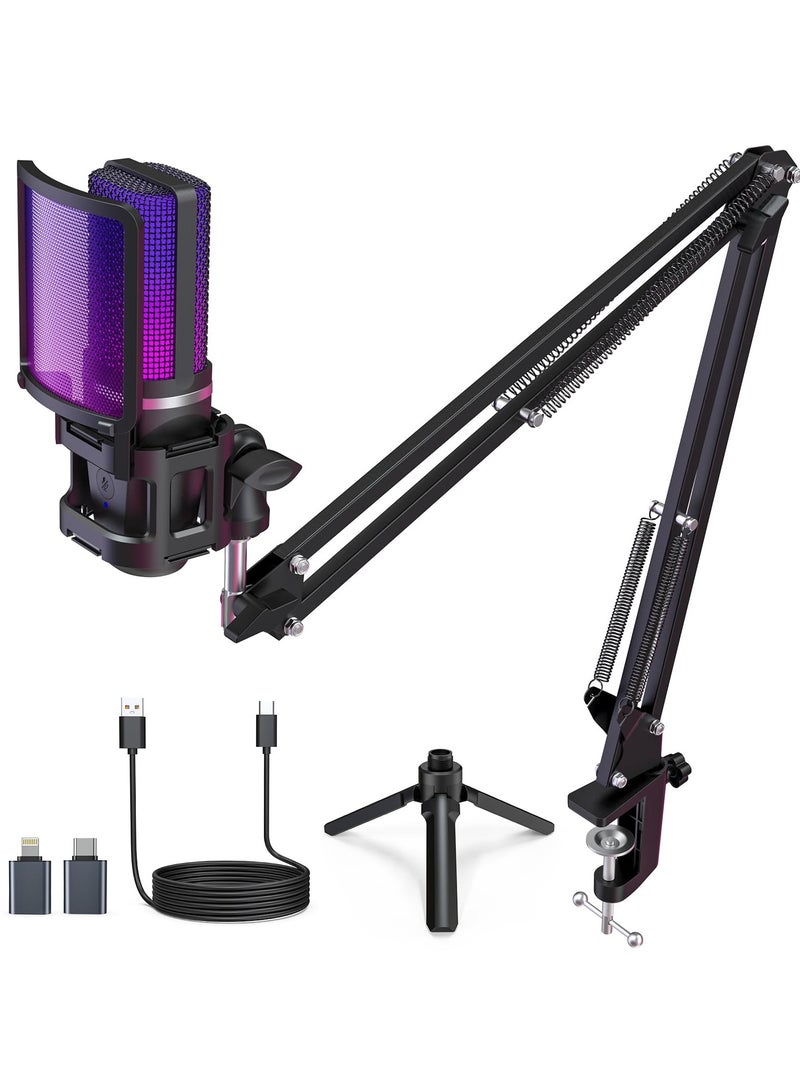 erorex Gaming USB Microphone,Noise Cancellation Condenser mic,RGB Microphone with Mute,Gain,Monitoring,Boom Arm,Pop Filter for Phone,PC,Computer,PS4,PS5,Mac,Streaming,Podcast,Twitch,YouTube,Discord - Image 1