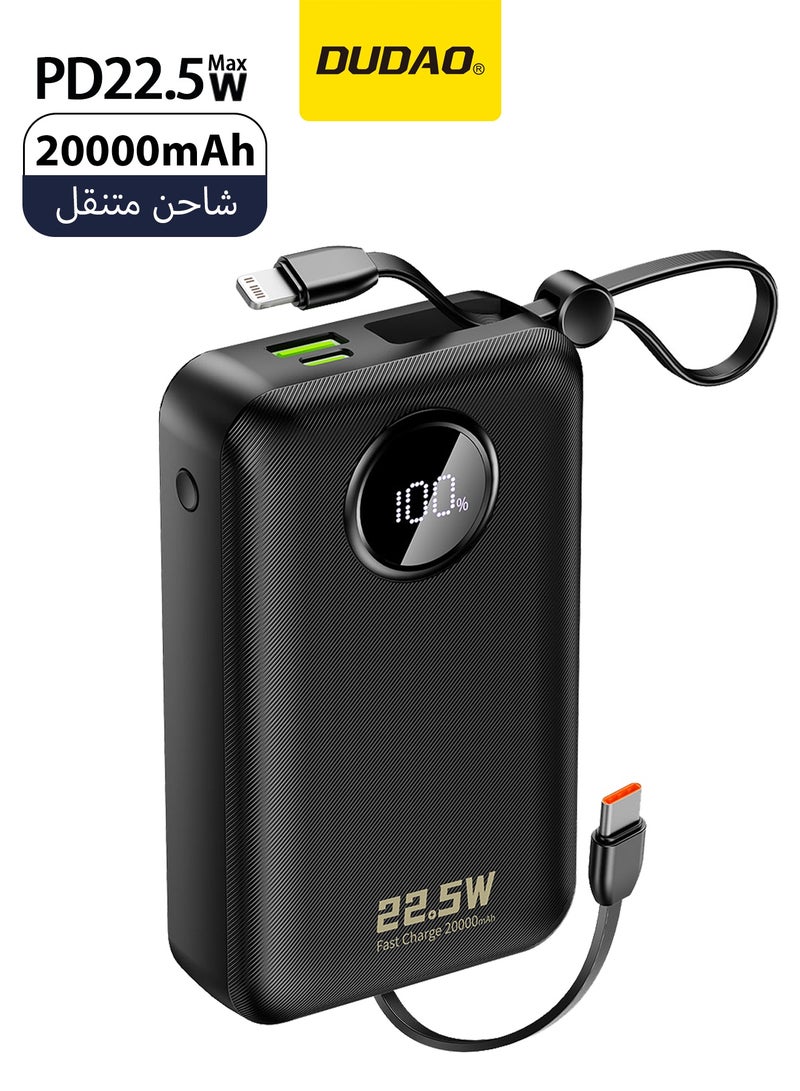 دوداو باور بانك 20000mAh شحن سريع 22.5W مع كابلات مدمجة، PD/QC شاحن محمول، يدعم شحن 4 أجهزة، شاشة LED، مناسب للآيفون والأندرويد (أسود) - Image 1