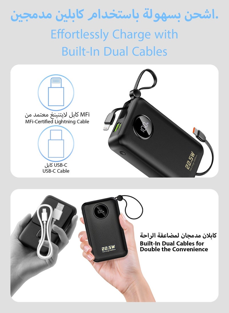 دوداو باور بانك 20000mAh شحن سريع 22.5W مع كابلات مدمجة، PD/QC شاحن محمول، يدعم شحن 4 أجهزة، شاشة LED، مناسب للآيفون والأندرويد (أسود) - Image 2