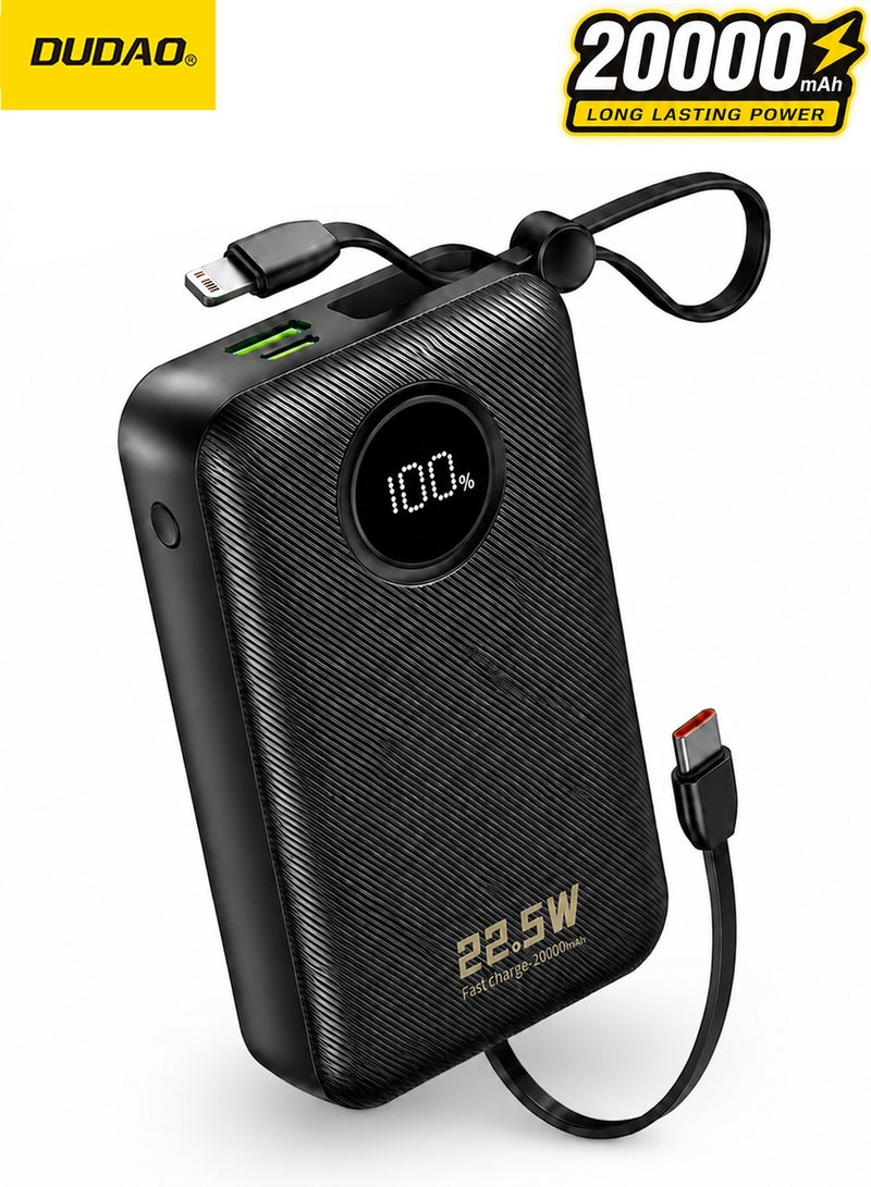 DUDAO 20000mAh Fast Charging Power Bank with Built-in Cables, 22.5W PD/QC Portable Charger, Dual Fast Charge Outputs, LED Display, Compact Travel Size for iPhone 15 / Android (Black) - Image 1