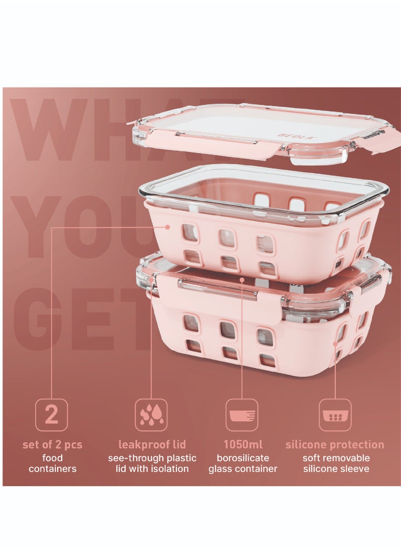 BEOLA Set of 2 Glass Food Storage Containers with Airtight Lids and Silicone Protection, Leakproof Food Organizer, Freezer, Dishwasher, Microwave Safe, Kitchen Organizer for Food (1050ml, Blush Pink)  - Image 2