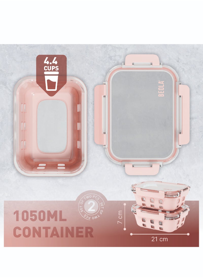 BEOLA Set of 2 Glass Food Storage Containers with Airtight Lids and Silicone Protection, Leakproof Food Organizer, Freezer, Dishwasher, Microwave Safe, Kitchen Organizer for Food (1050ml, Blush Pink)  - Image 3