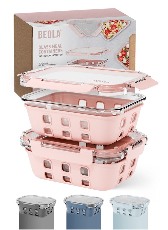 BEOLA Set of 2 Glass Food Storage Containers with Airtight Lids and Silicone Protection, Leakproof Food Organizer, Freezer, Dishwasher, Microwave Safe, Kitchen Organizer for Food (1050ml, Blush Pink)  - Image 1