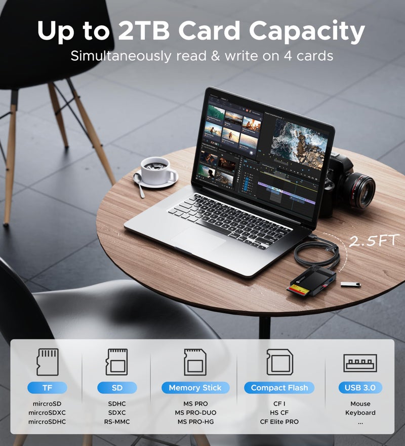 Warrky قارئ بطاقة SD USB 3.0، WARRKY [2.5 قدم كابل نايلون مضفر، منافذ USB 3.0 إضافية، 5Gbps] 7 في 1 قارئ بطاقات الذاكرة، محول بطاقة micro SD ل microSD، SDXC، SDHC، CF، MS، MMC، Micro SDXC/SDHC، UHS-I، المزيد - Image 4