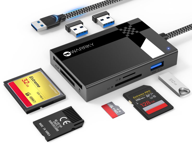 Warrky قارئ بطاقة SD USB 3.0، WARRKY [2.5 قدم كابل نايلون مضفر، منافذ USB 3.0 إضافية، 5Gbps] 7 في 1 قارئ بطاقات الذاكرة، محول بطاقة micro SD ل microSD، SDXC، SDHC، CF، MS، MMC، Micro SDXC/SDHC، UHS-I، المزيد - Image 1