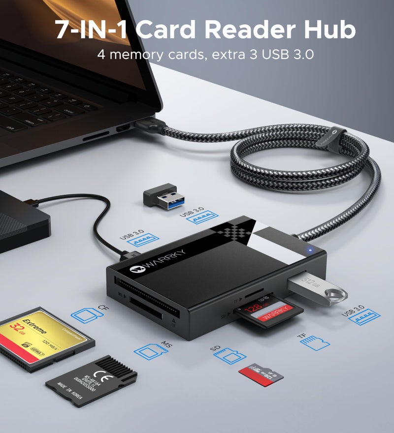 Warrky قارئ بطاقة SD USB 3.0، WARRKY [2.5 قدم كابل نايلون مضفر، منافذ USB 3.0 إضافية، 5Gbps] 7 في 1 قارئ بطاقات الذاكرة، محول بطاقة micro SD ل microSD، SDXC، SDHC، CF، MS، MMC، Micro SDXC/SDHC، UHS-I، المزيد - Image 2