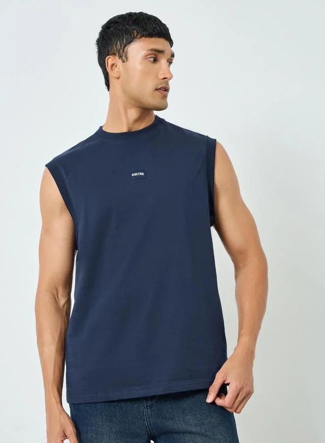 Styli Men Navy Blue Woven Badge Tank Top