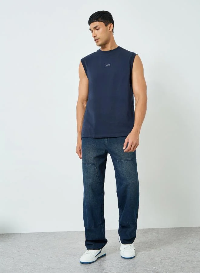 Styli Men Navy Blue Woven Badge Tank Top