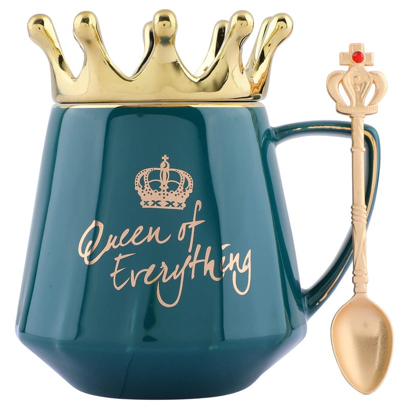 NYRWANA Coffee Mug, Birthday Gift for Girlfriend, Gift for Women, Mugs for Gift, Cups and Mugs, Valentine Gift for Girlfriend, Queen of Everything Mug with Golden Crown & Spoon (350ml - Green)