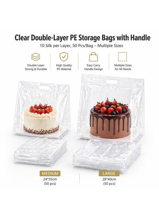50PCS Clear Cake Gift Bags with Handles, Premium Transparent Dessert Packaging Bags, Reusable Double Layer PE Gift Bags for Birthday, Wedding, Party and Bakery Packaging - Image 3