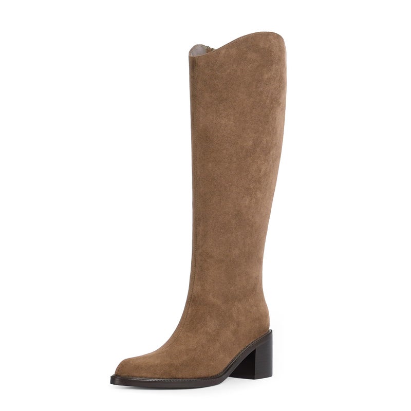 Modatope Tan Suede Knee High Boots for Women Pointed Toe Chunky Heel Tall Boots Side Zipper Fall Winter Riding Boot Size 7.5 - Image 1
