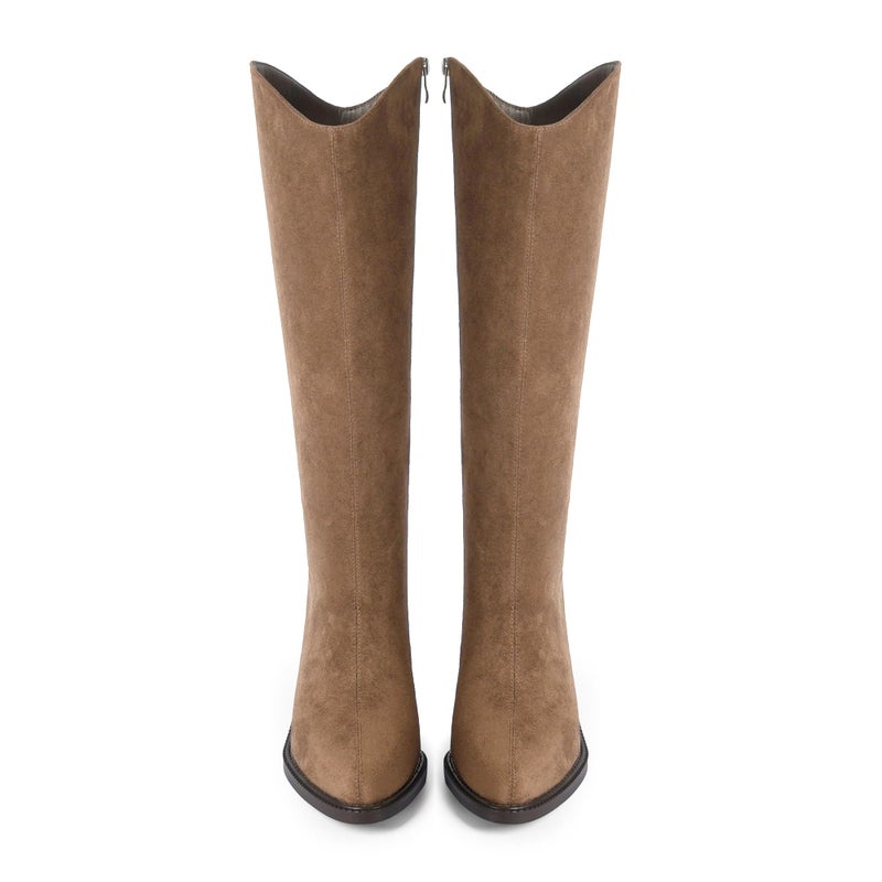 Modatope Tan Suede Knee High Boots for Women Pointed Toe Chunky Heel Tall Boots Side Zipper Fall Winter Riding Boot Size 7.5 - Image 5