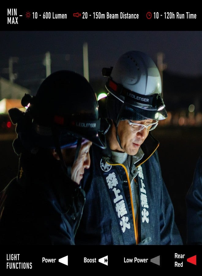 Ledlenser H8R Head Lamp - Black, 600 Lumens, 150 m Beam, 158 g, IP54 - Head Lamp for Work & Red Rear Safety Light - Hard Hat Light - Advanced Focus System - Image 4