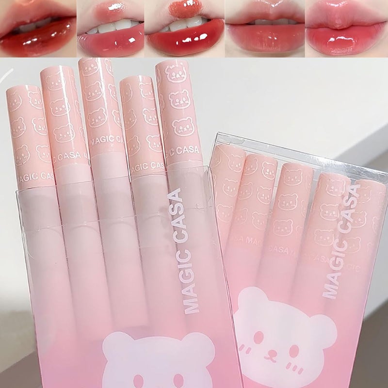 Pakivs 5Pcs Bear Lip Glaze Jelly Lipstick,Liquid Lipstick Cute Bear Lipgloss Moisturizing Lip Stain Plumping Water Mirror Lip Gloss Waterproof Long Lasting Lip Tint - Image 1