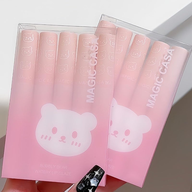 Pakivs 5Pcs Bear Lip Glaze Jelly Lipstick,Liquid Lipstick Cute Bear Lipgloss Moisturizing Lip Stain Plumping Water Mirror Lip Gloss Waterproof Long Lasting Lip Tint - Image 2