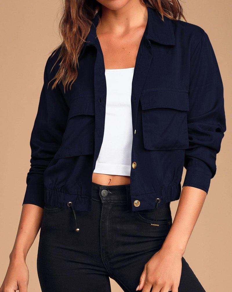 European and American lapel fashion trendy single-breasted drawstring workwear jacket small versatile short womens baseball jacket Dark blue - Image 1
