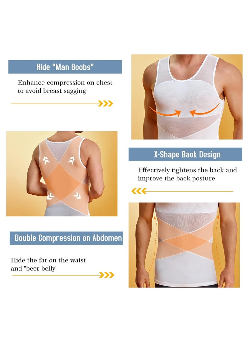 KASTWAVE Compression Shirts for Men Slimming Workout Mesh Tank Top Undershirts Shapewear Tight Tummy Underwear Sleeveless Slimming Vest Men White L Size  - Image 2