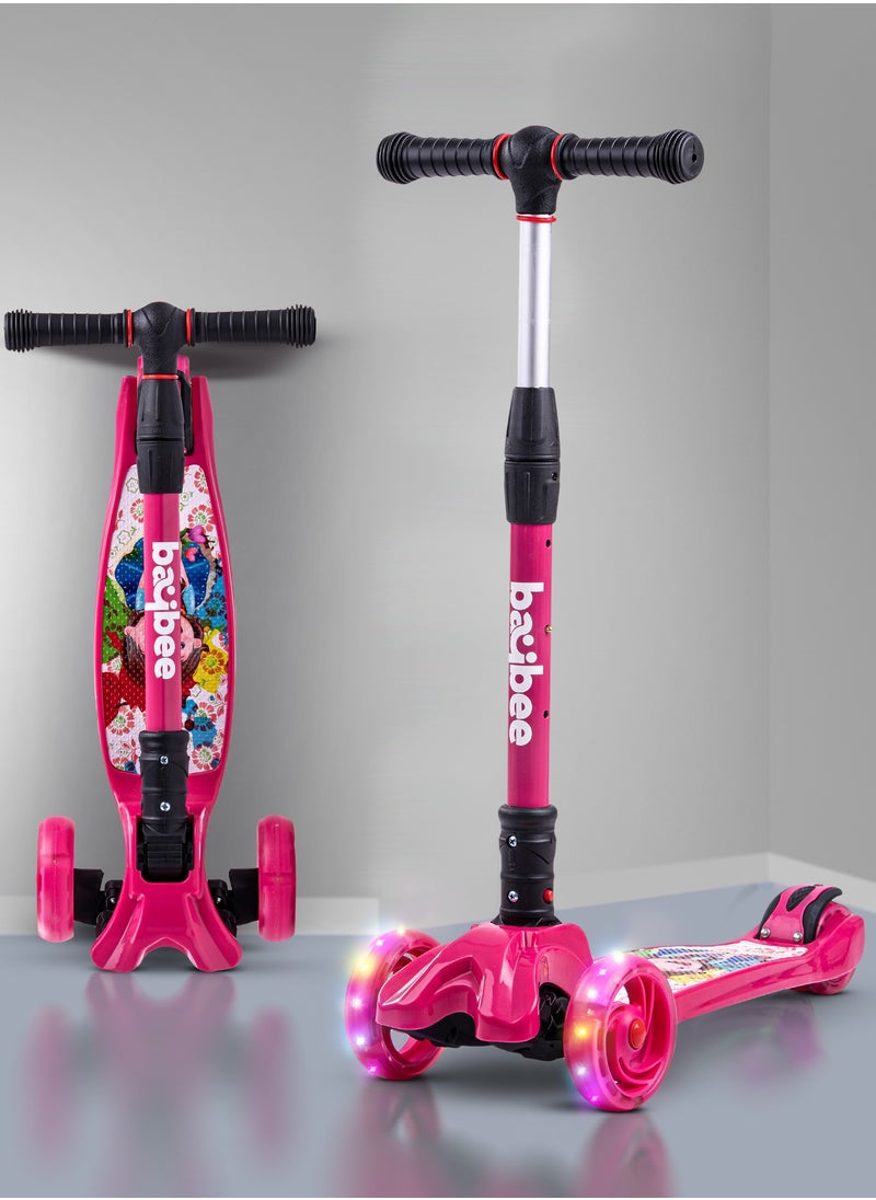 BAYBEE Baybee Flash Skate Scooter for Kids 3 Wheel Kids Scooter with Foldable 4 Height Adjustable Handle Baby Scooter with LED Wheels Smart Kick Scooter for Baby Scooter for Kids 3 to 10 Years Boy Girl Pink  - Image 1