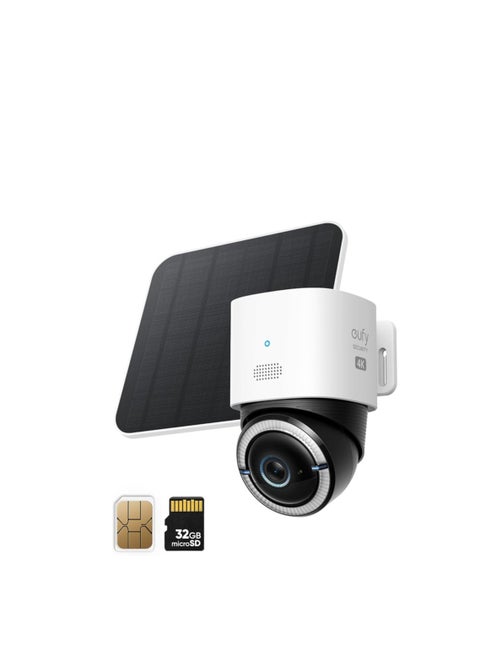 eufy Security 4G LTE Cam S330 with Wi-Fi, 4K UHD Pan Tilt, Wireless, Solar Powered with Solar Panel, AI Human/Vehicle Tracking, with SIM Card