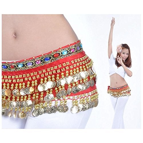 VRITRAZ Women's Velvet Belly Dance Hip Scarf Waistband Belt Skirt with Multi Color Beads and 248 Ringy Golden Coins 248 Red - Image 2
